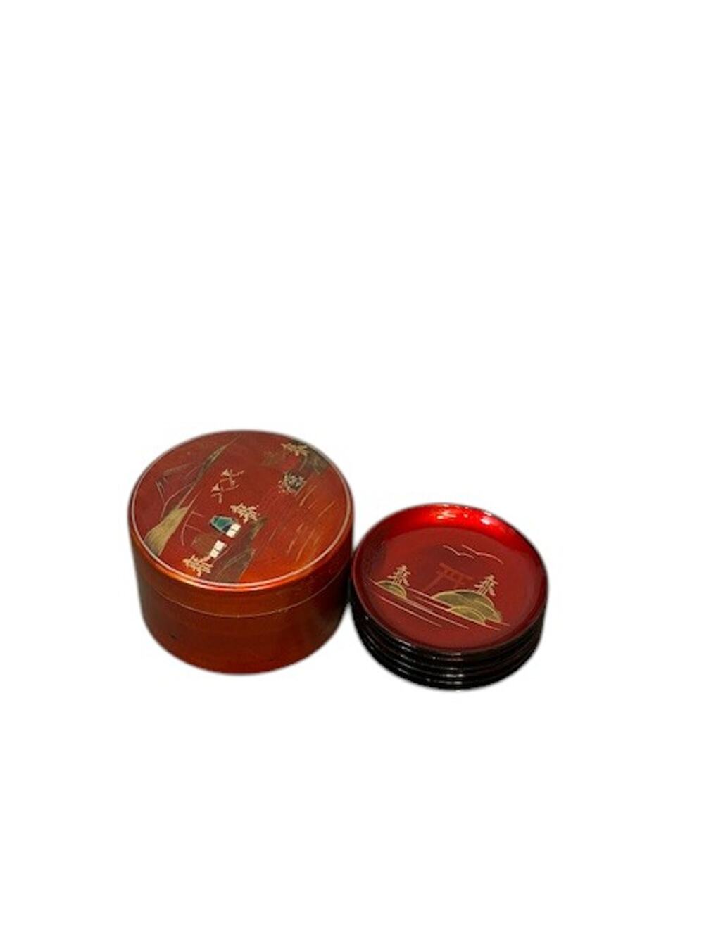 Japanese Red Gold Lacquerware Box and Coasters Set Vintage Set of 6